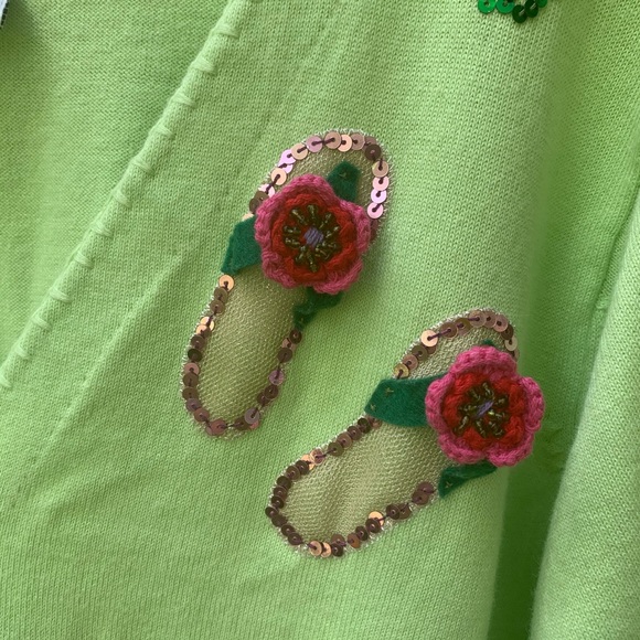 Vintage Quaker Factory long Cardigan 1X green sequence flower butterfly eclectic - Picture 9 of 16